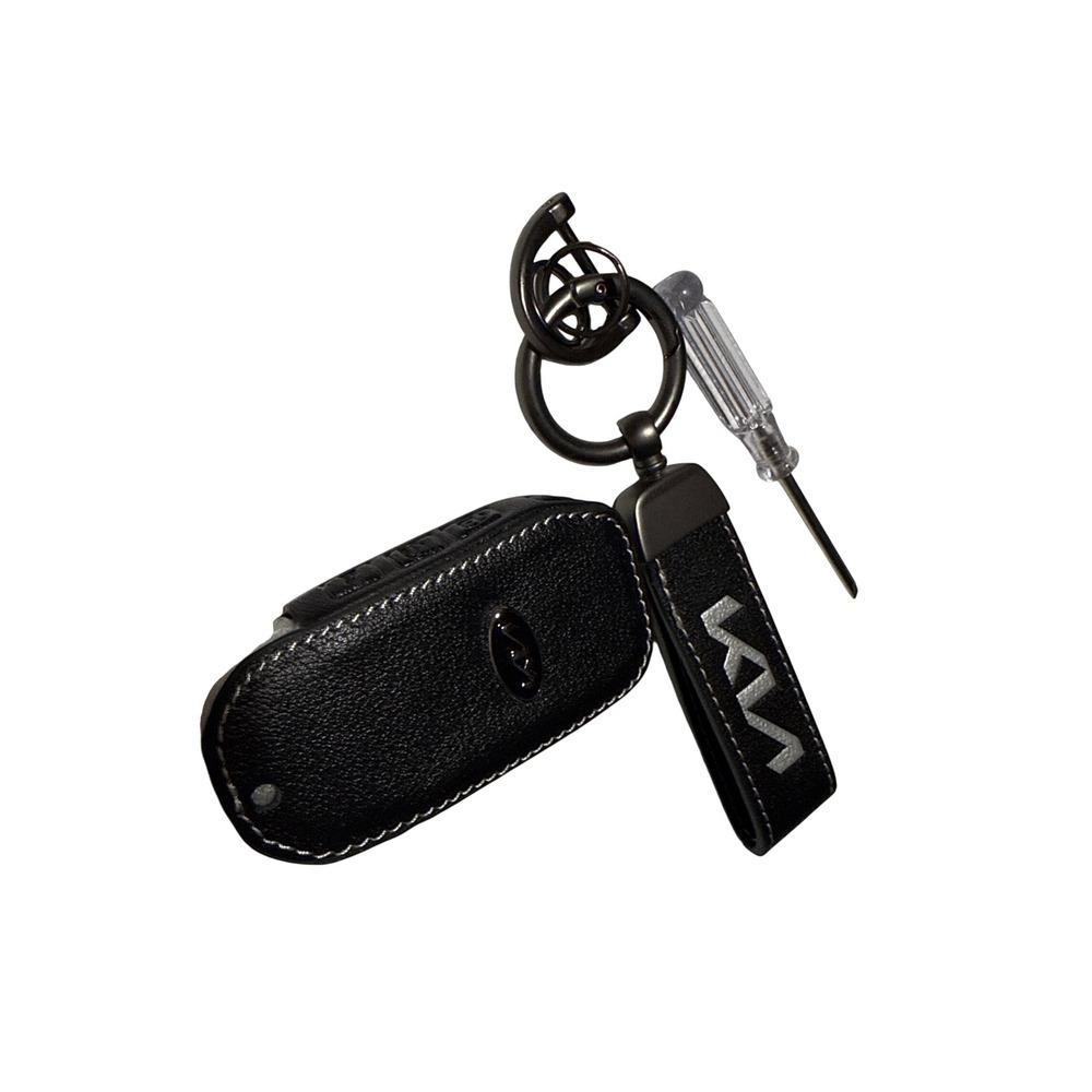 Kia Black Leather Key Fob Cover Case with Keychain Strap and Screwdriver Set